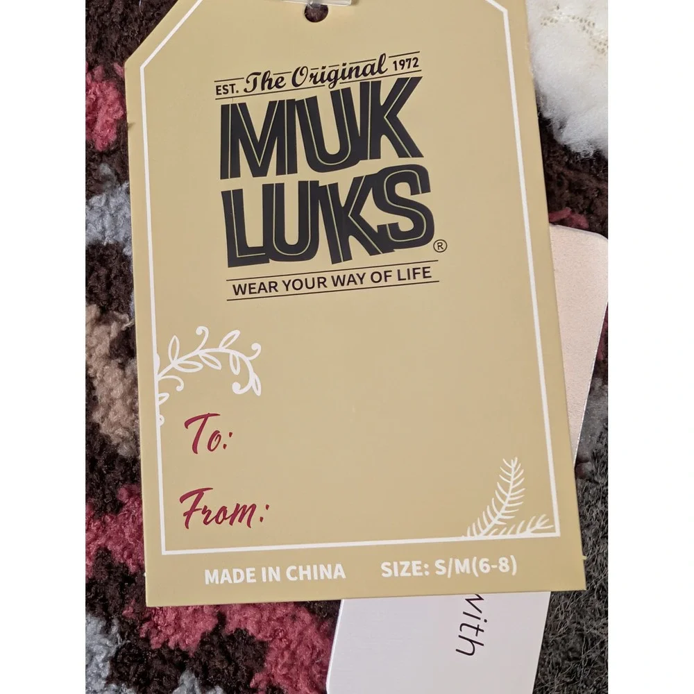 Muk Luks Aloe Infused Slipper Socks Pink Brown Houndstooth Faux Fur Lining S/M